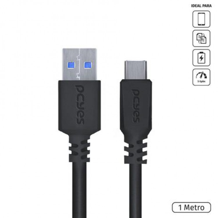 Cabo USB Tipo C para USB a 3.0 para Celular 1M Preto - P3UACP-1 - PCYES