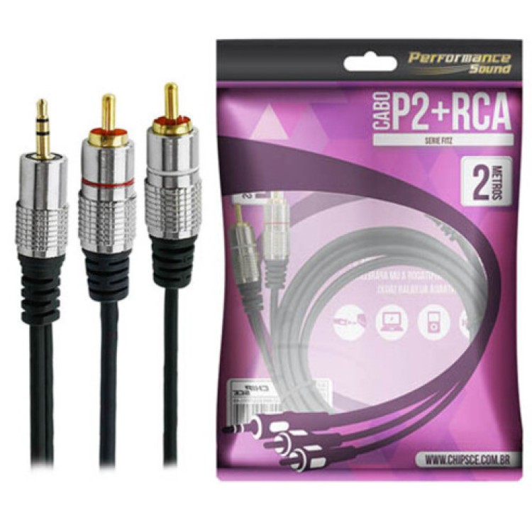 Cabo de Áudio Fitz P2 + 2RCA Estéreo Plug Metal 2 metros 